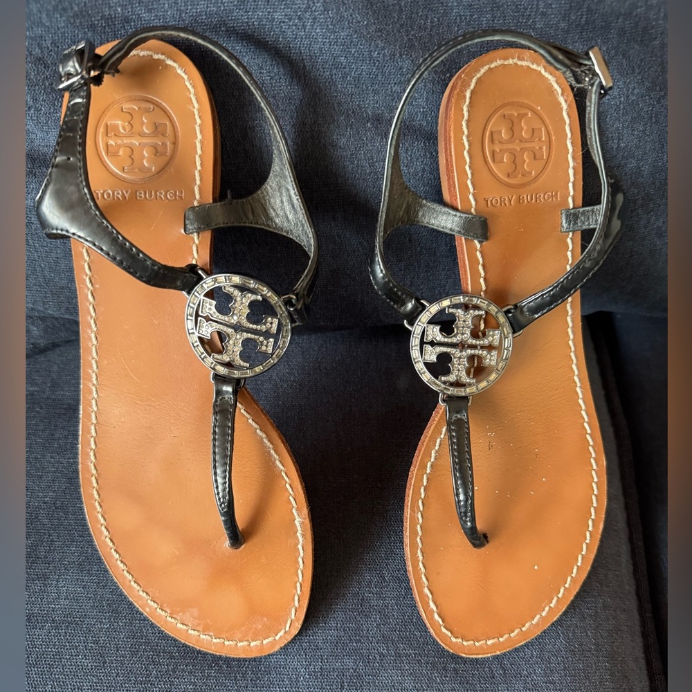 Tory Burch Black T strap Sandals with jewels